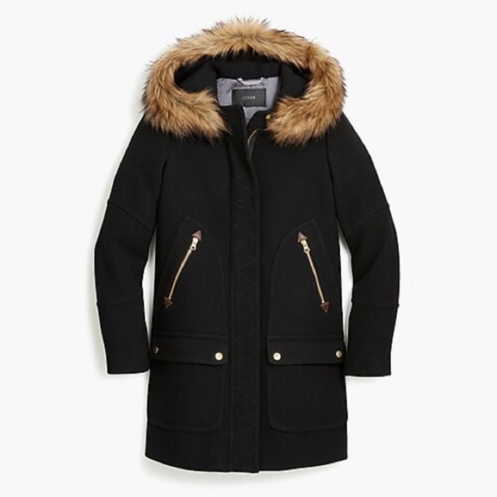 JCrew Black Stadium Cloth Wool Parka w/ Fur hood